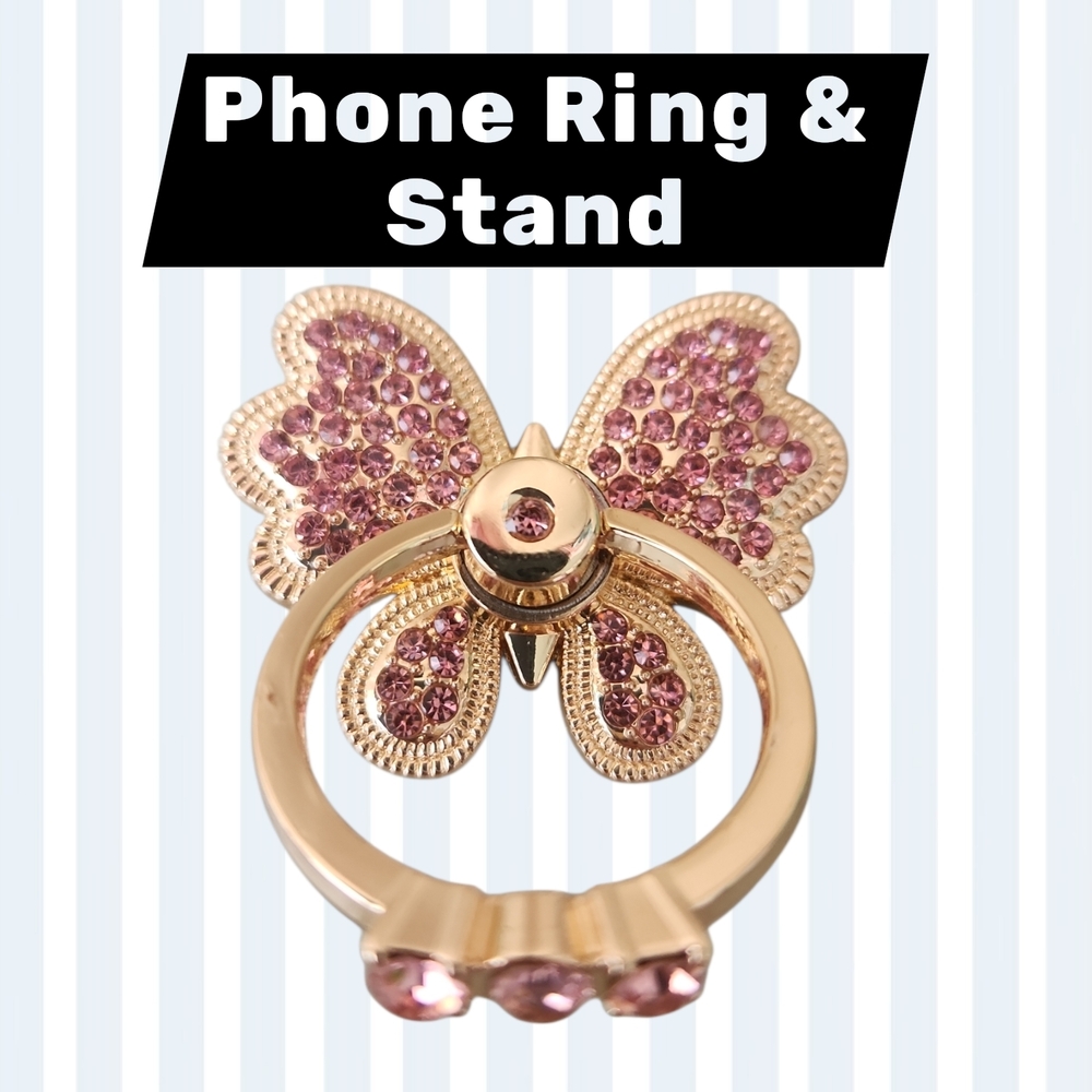 Butterfly Phone Ring/Stand with Pink Rhinestones - Picture 1 of 2